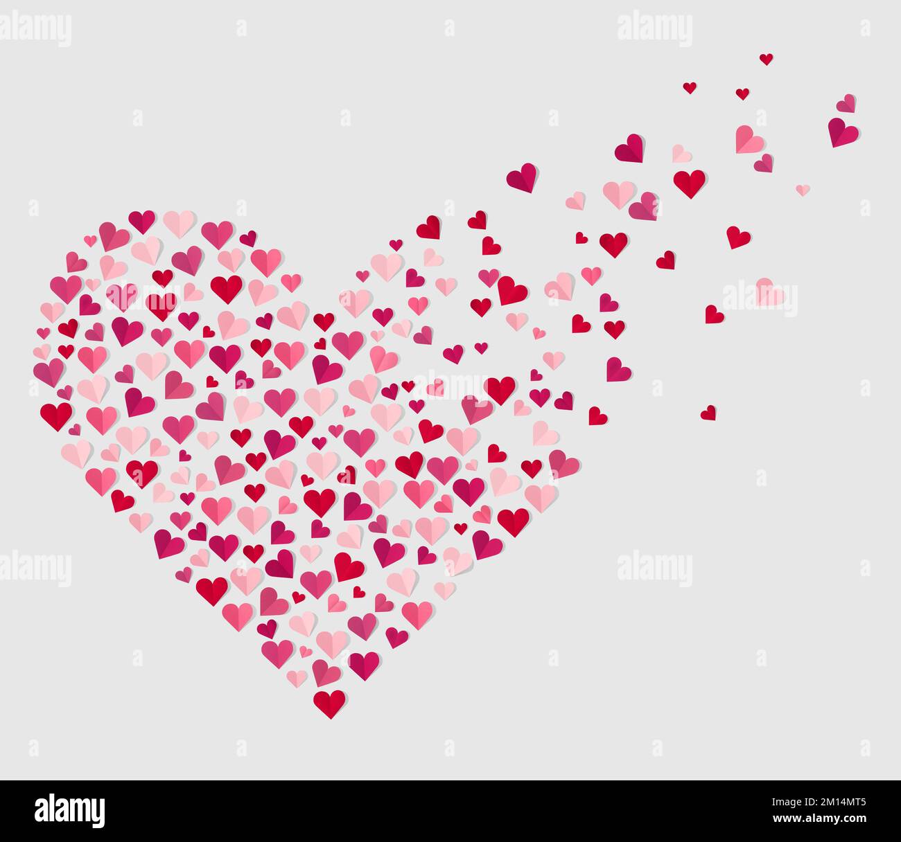 The scattered pink and red paper hearts on the white background ...