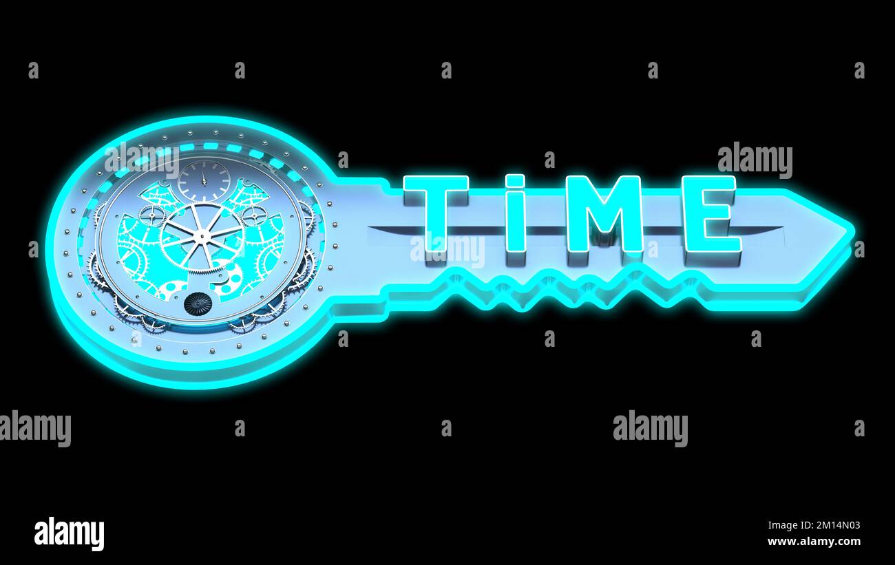 key with clockwork and the word time concept isolated on black. 3d