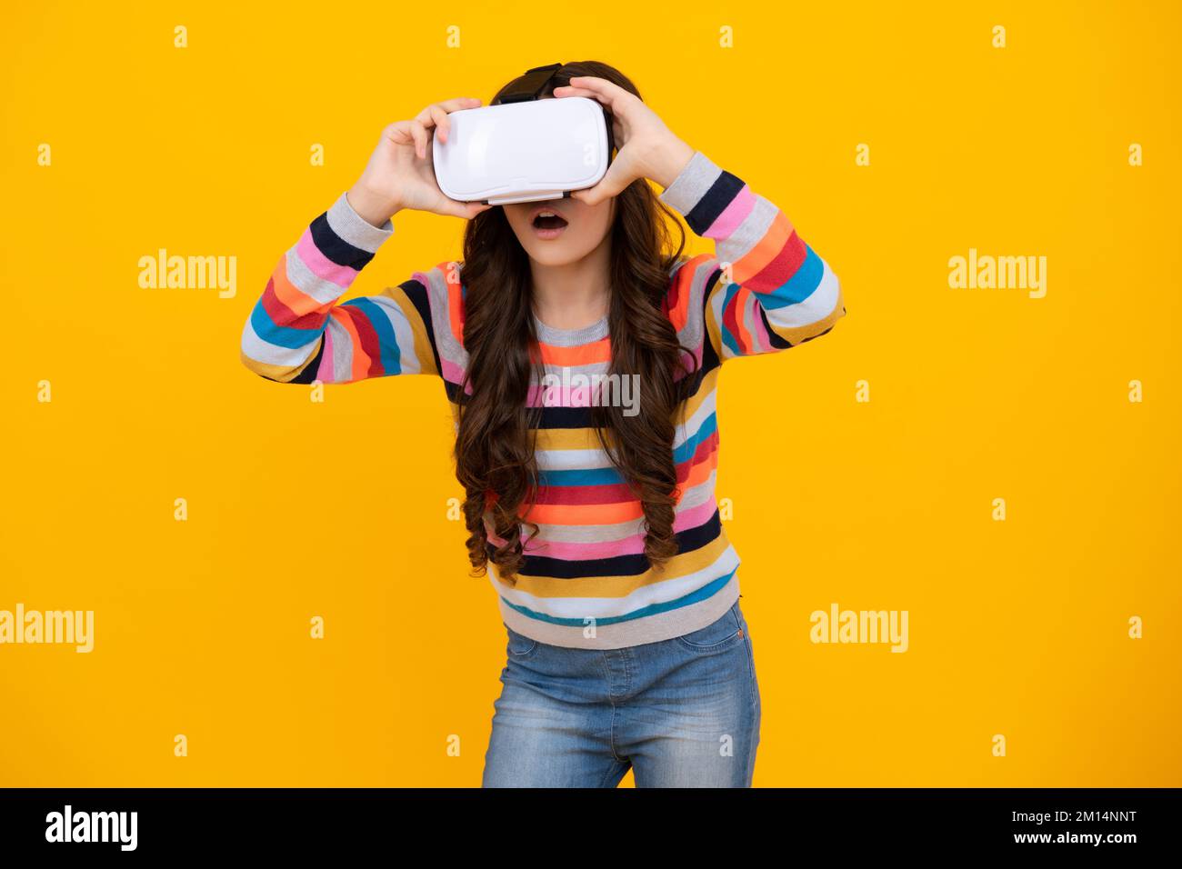Teen girl hold vr glasses using future technology for education, vr ...