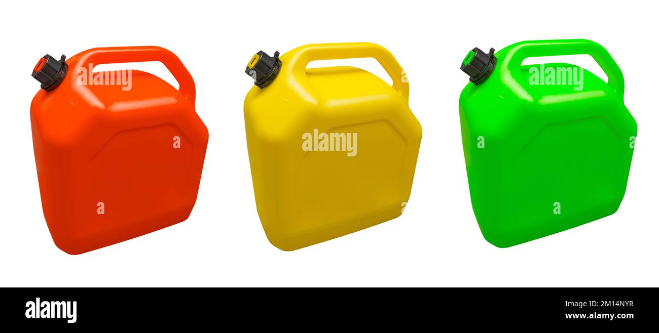 Three plastic gas canister isolated on a white background. Canister for