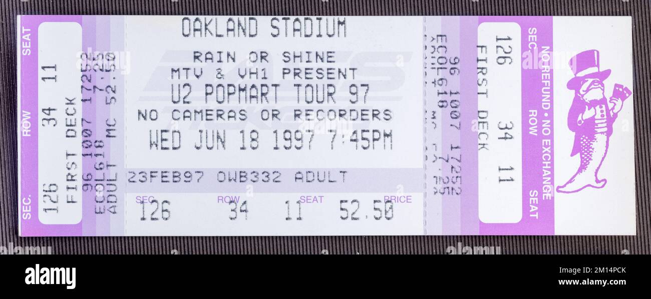 Oakland, California - June 18, 1997 - Old used ticket stub for U2 Popmart Tour '97 at Oakland  Stadium Stock Photo