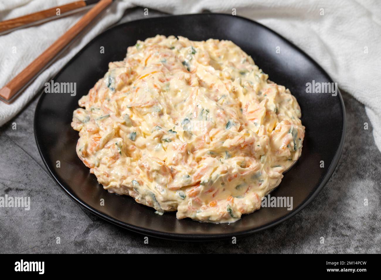 Carrot tarator on dark background. Turkish cuisine appetizer flavors
