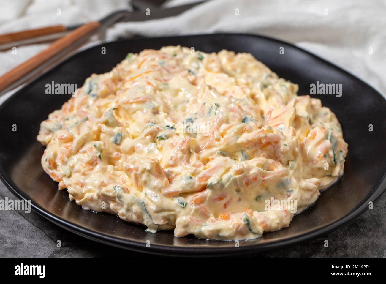 Carrot tarator on dark background. Turkish cuisine appetizer flavors