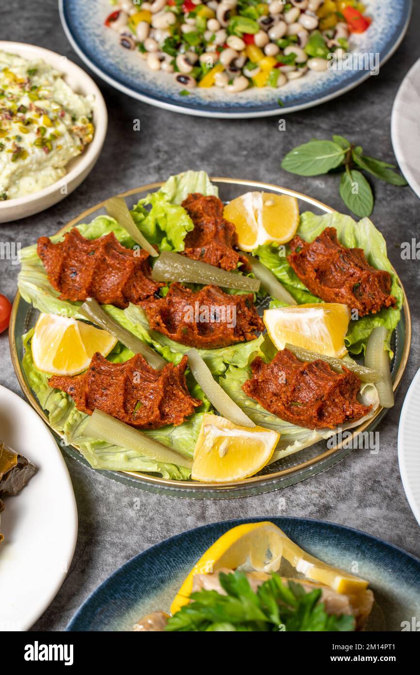 Traditional Turkish and Greek dinner appetizer table. Mediterranean