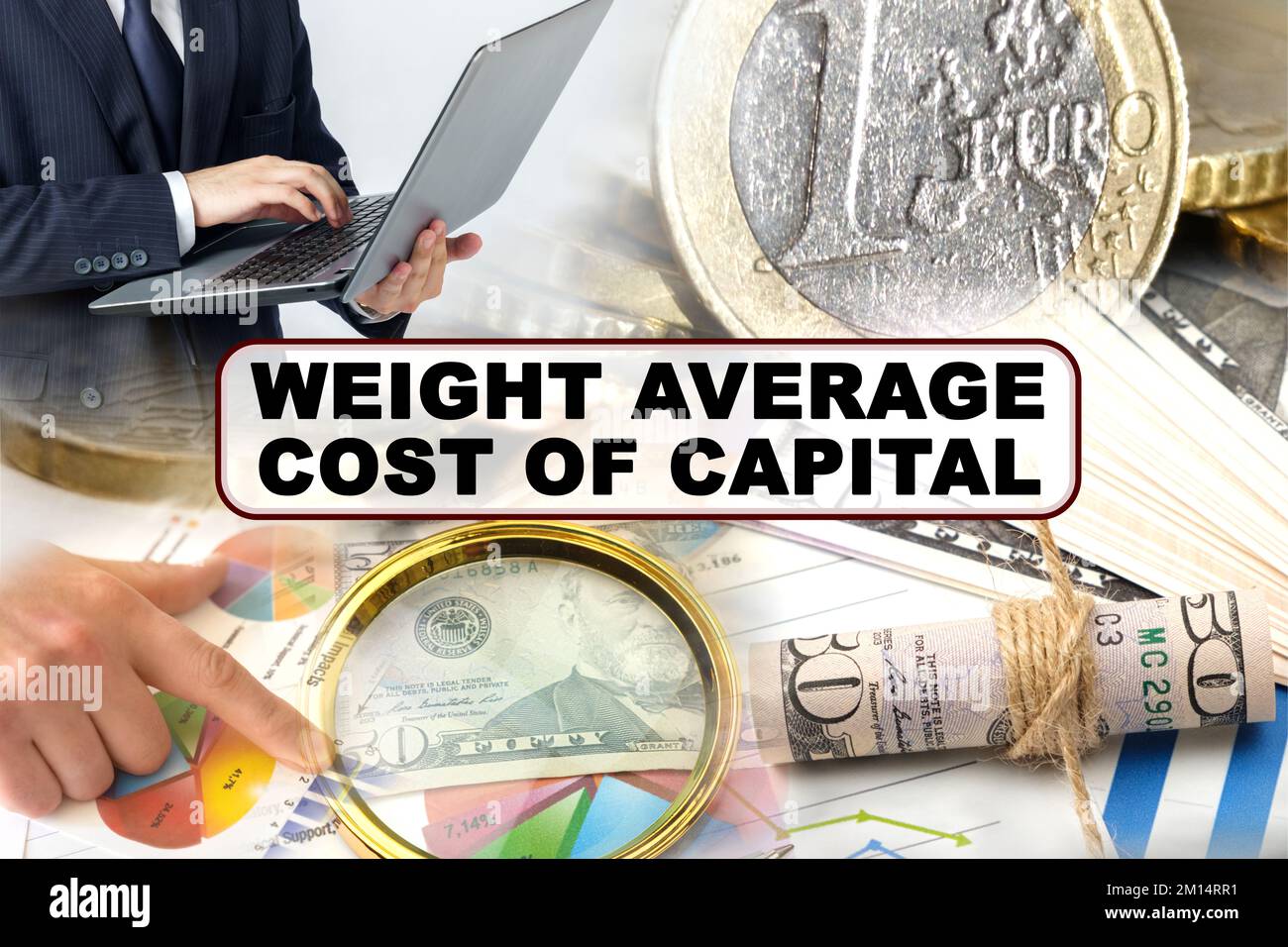 Business concept. Photo collage of photographs on financial topics, the inscription in the center - WEIGHT AVERAGE COST OF CAPITAL Stock Photo