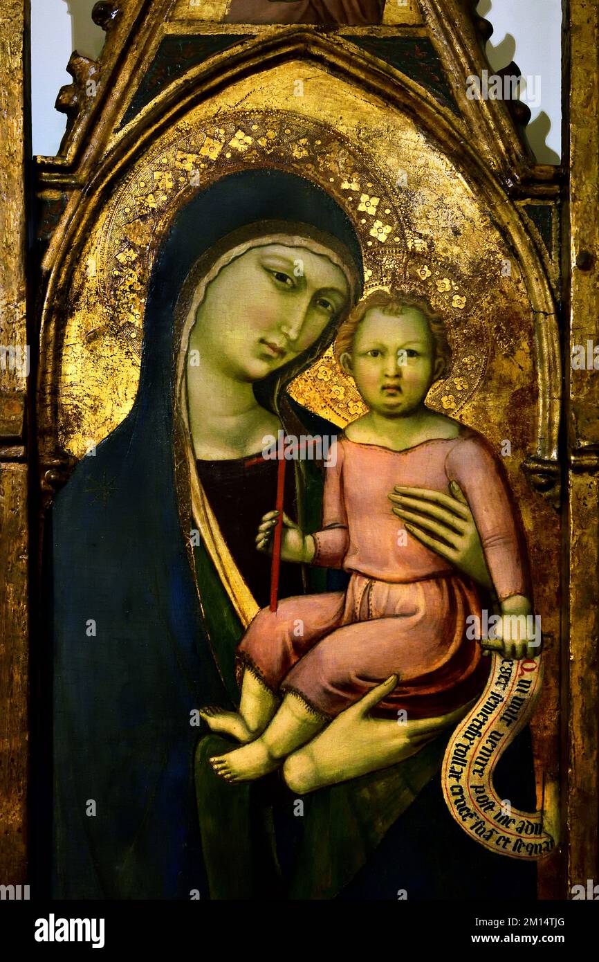 Madonna and Child, a holy bishop, St. John the Baptist, St. Gregory and St. Francis. From the chapel of Munisterino alle Tolfe near Siena. About 1370-80.  by Luca di Tommè Christian Art, Italy, Italian. Polyptych Stock Photo