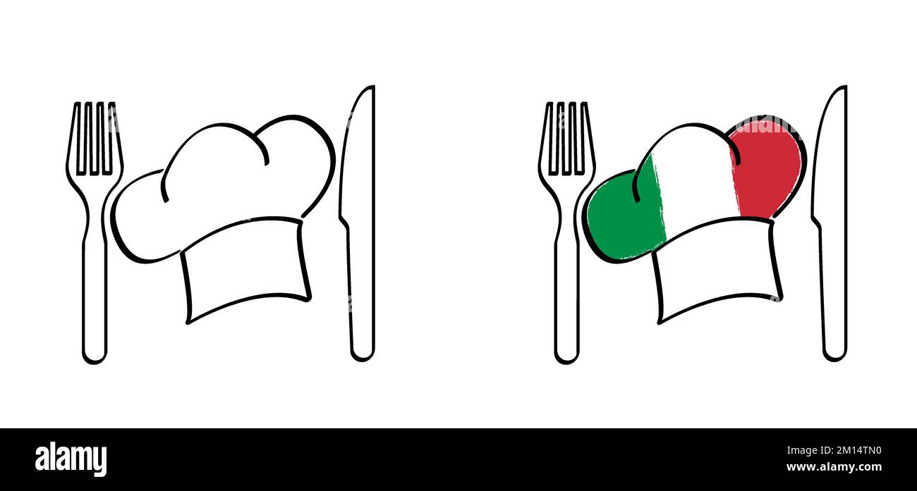 Plate, fork and knife for Italian dish. Cartoon chef cap symbol and