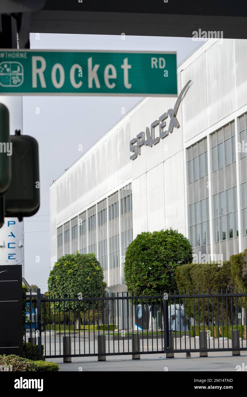 The facade of the SpaceX headquarters facility in Hawthorne, California