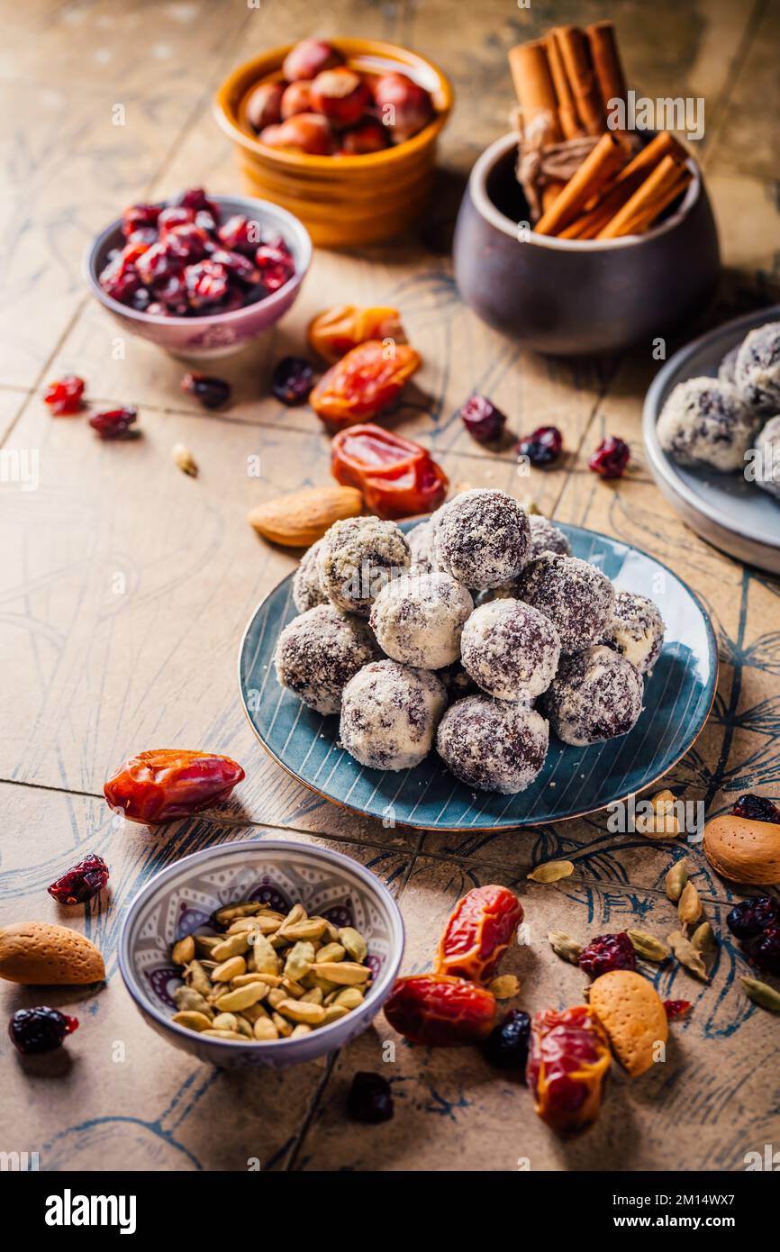 Energy vegan balls raw dessert (bliss balls), sugar free candies with