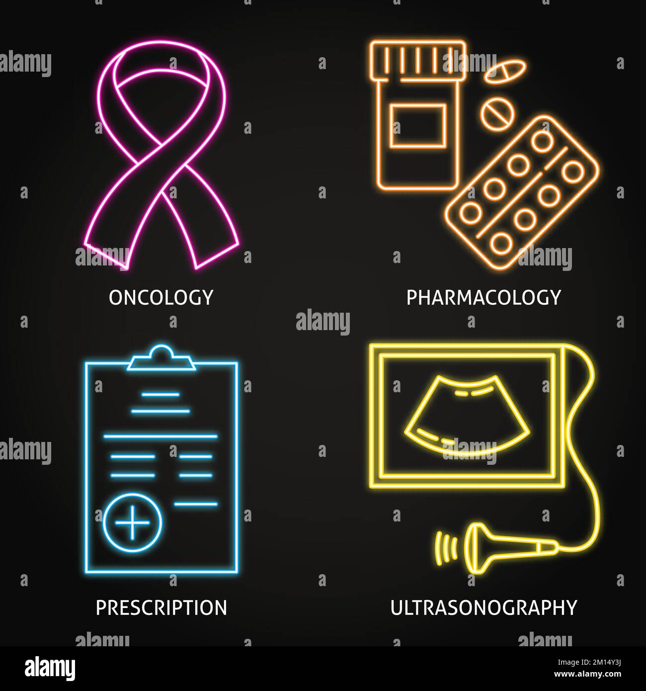 Medical neon icon set. Pharmacology, prescription, ultrasonography and