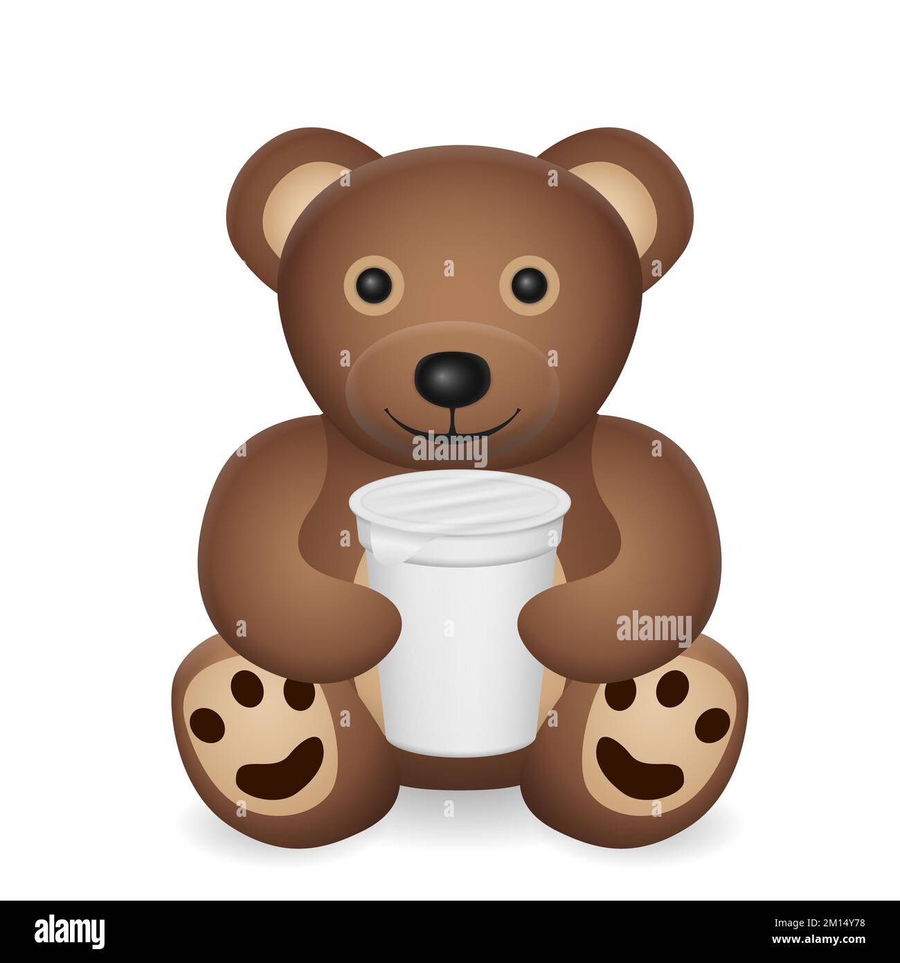Teddy bear with yogurt pack on a white background. Vector illustration. Stock Photo