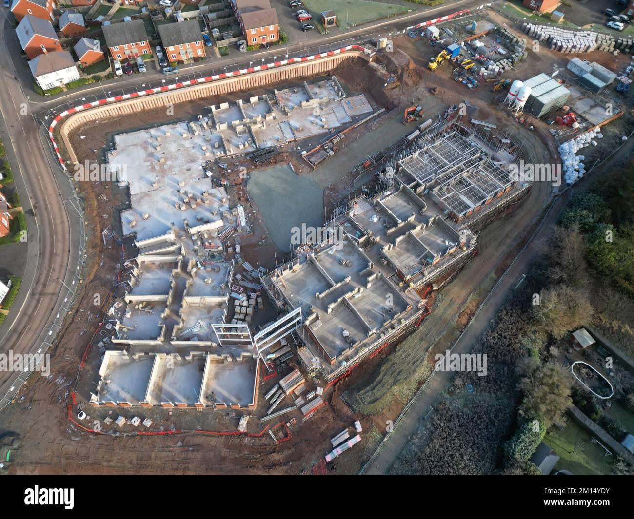 Aerial view of a new Bloor Homes housing construction building site in Hereford UK in December