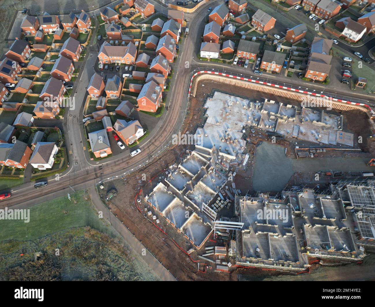 Aerial view of a new Bloor Homes housing construction building site in Hereford UK in December