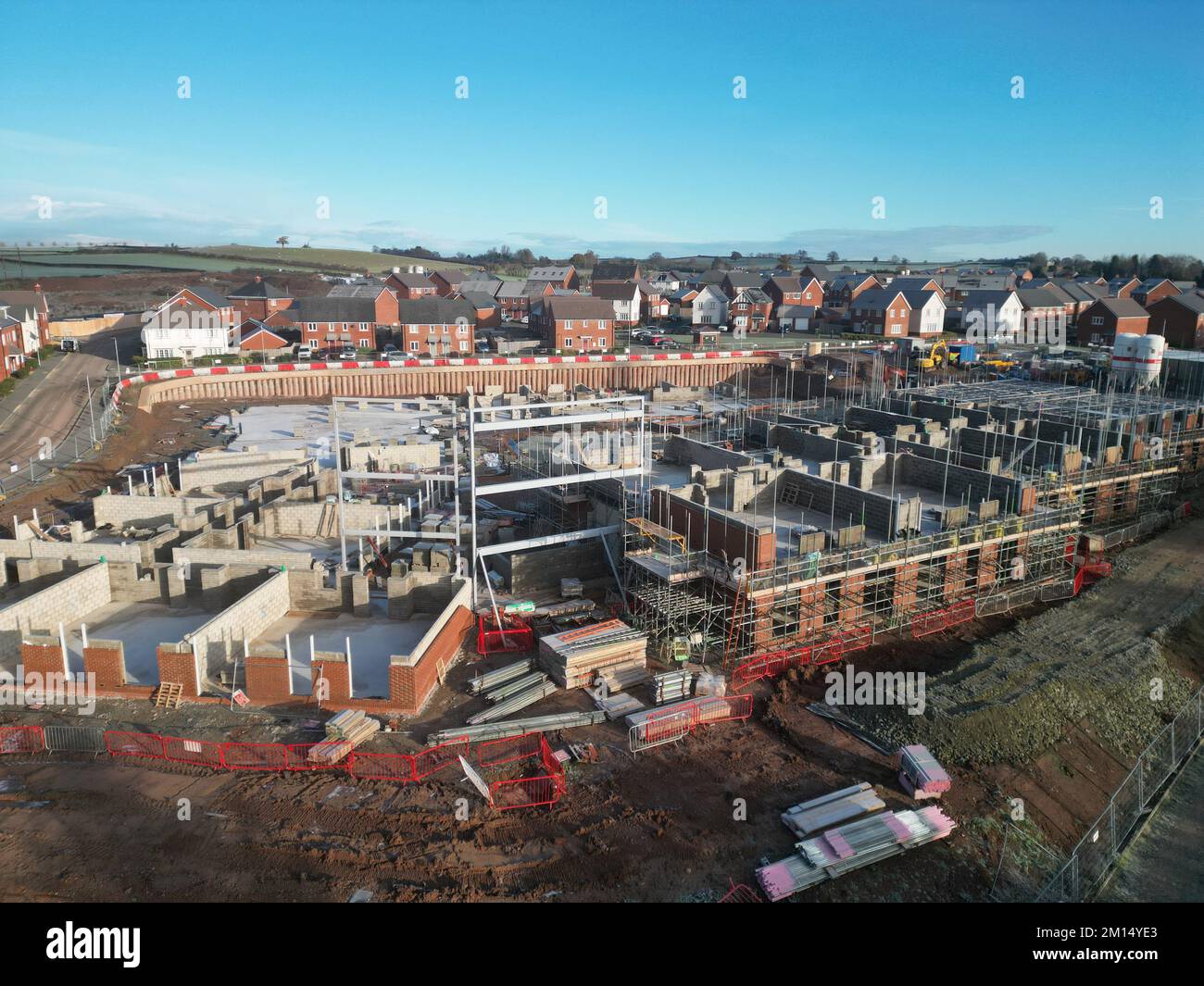 Aerial view of a new Bloor Homes housing construction building site in