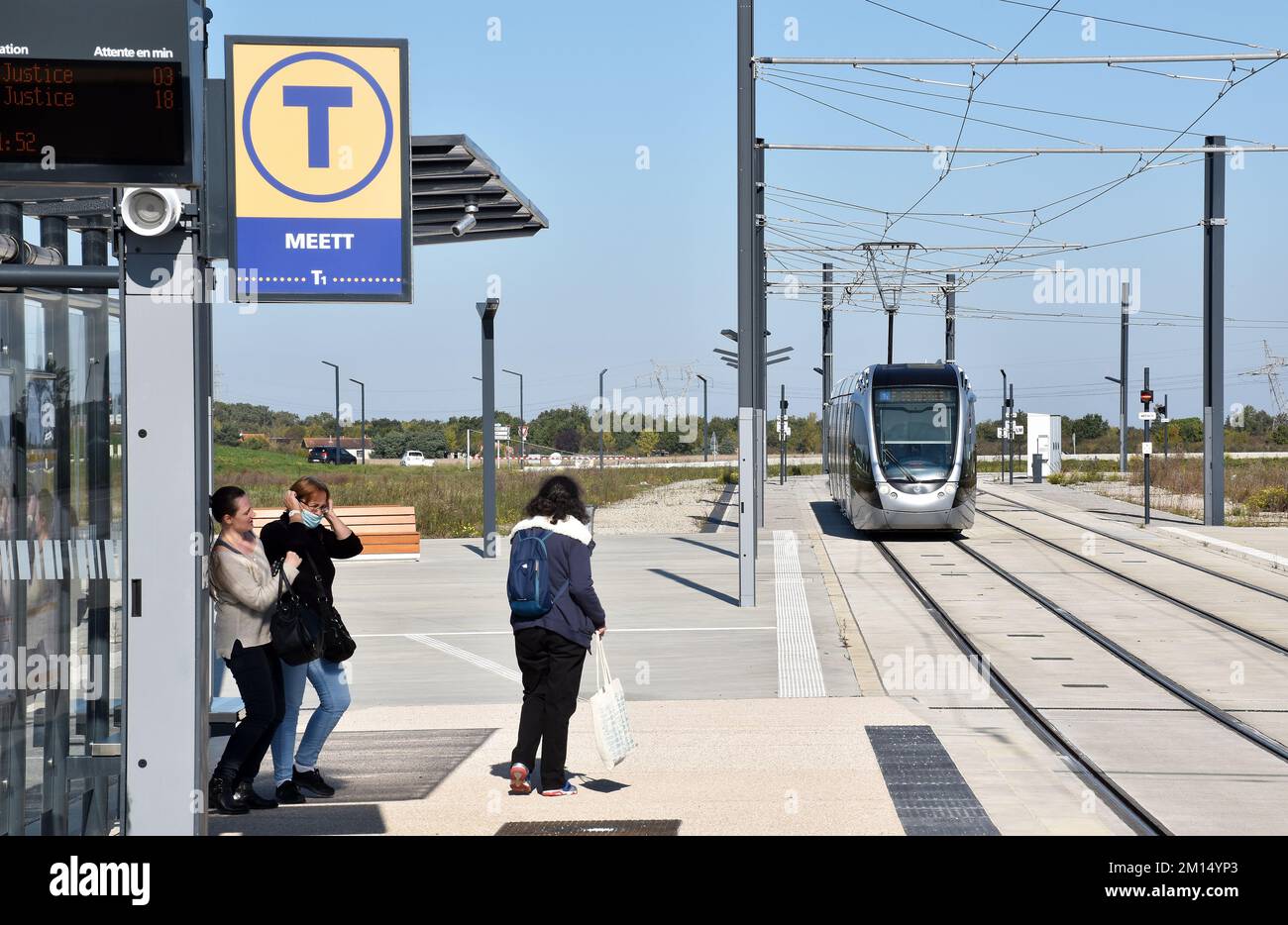 Alstom Citadis 302 type tram at the tram stop for the MEETT exhibition centre, Parc des Expositions, on the Toulouse tramway Stock Photo