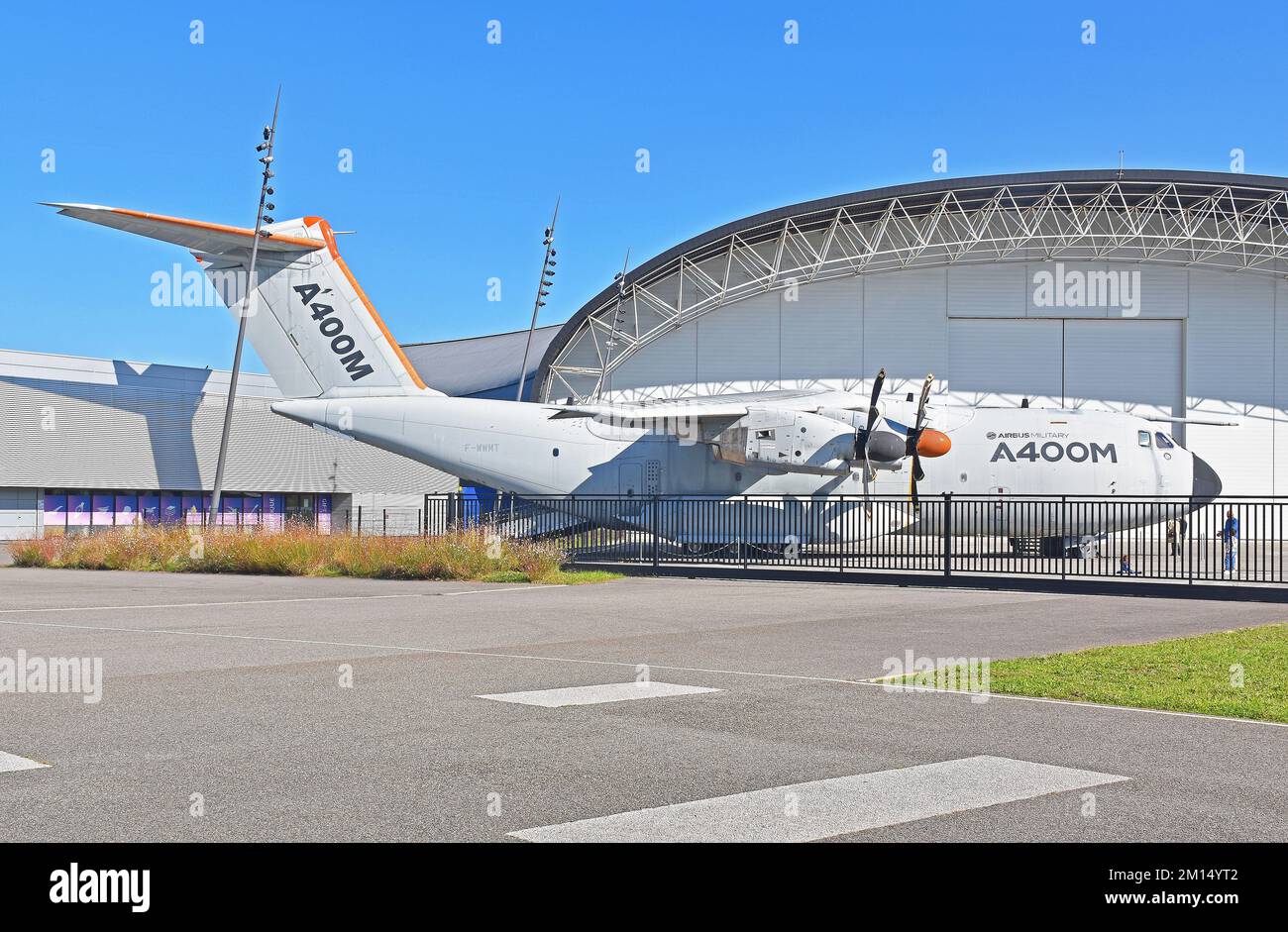Toulouse France, Aeroscopia, aerospace museum, Blagnac, French home of Concorde, hangar-like building with Airbus A400M Atlas in front Stock Photo