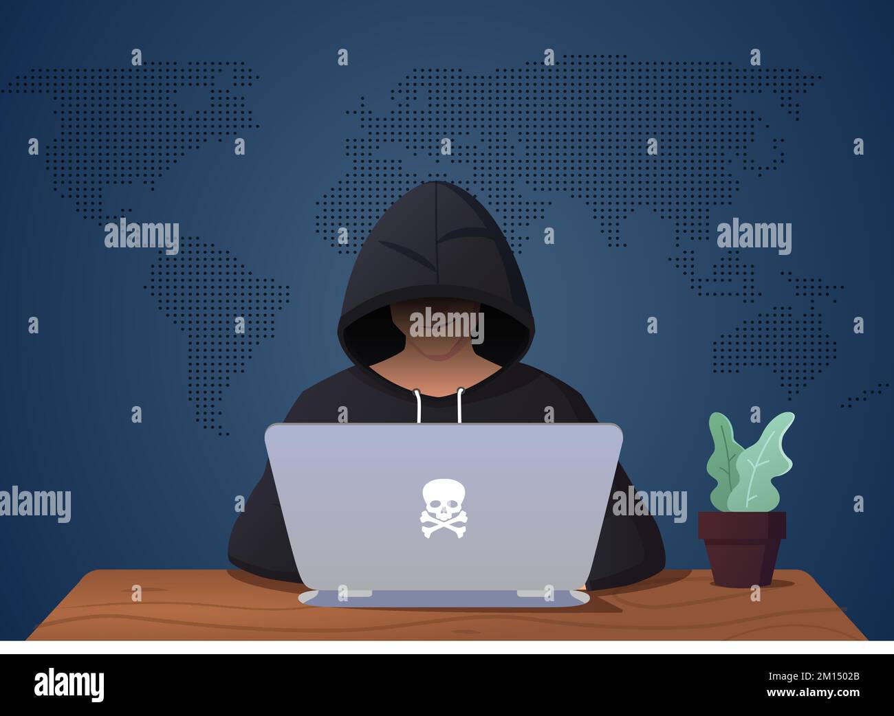 Hacker Hacking On Laptop, Man in Disguise Illustration Stock Vector