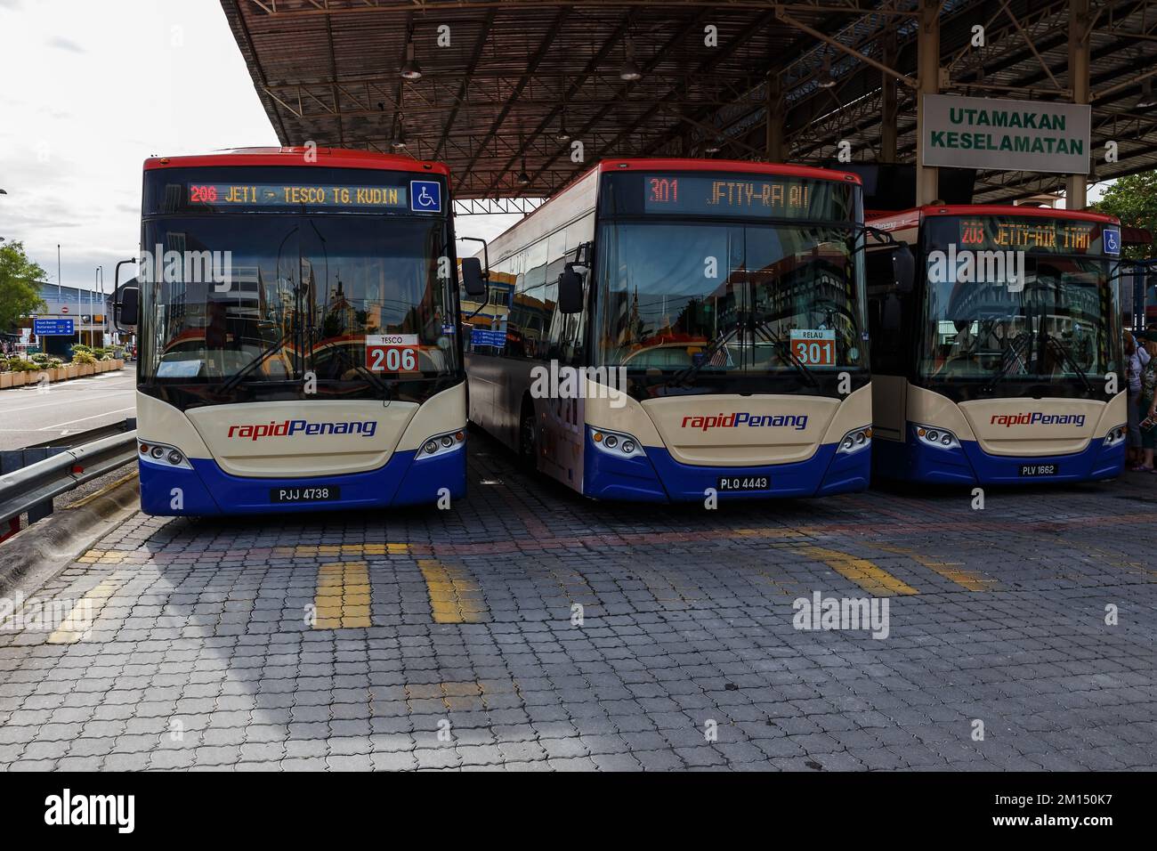 Georgetown, Penang, Malaysia. - November 27, 2017: Rapid Penang bus. Rapid bus terminal at Jetty. Pangkalan Weld Stock Photo