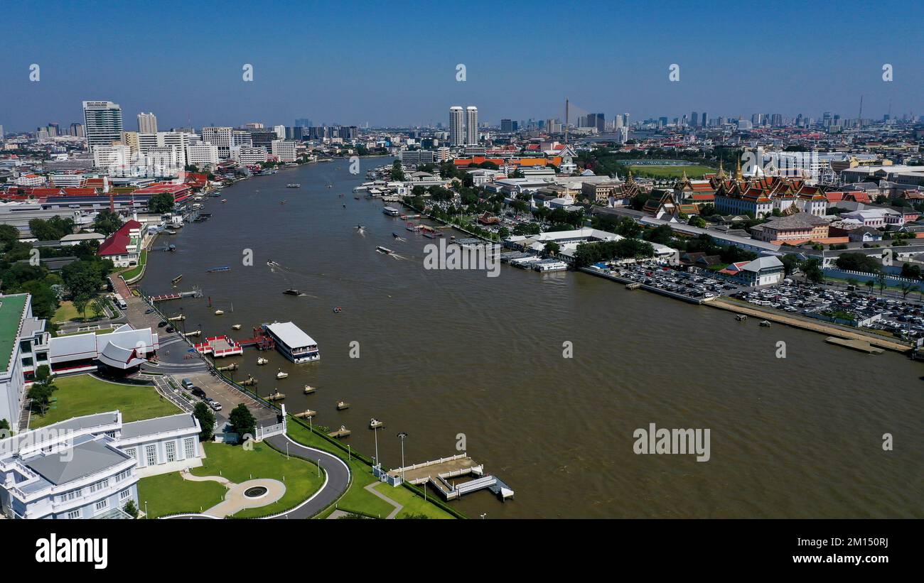 The Chao Phraya River as it winds through Bangkok, near the Grand Palace Aerial view of the Chao Phraya river in Bangkok,Thailand Stock Photo
