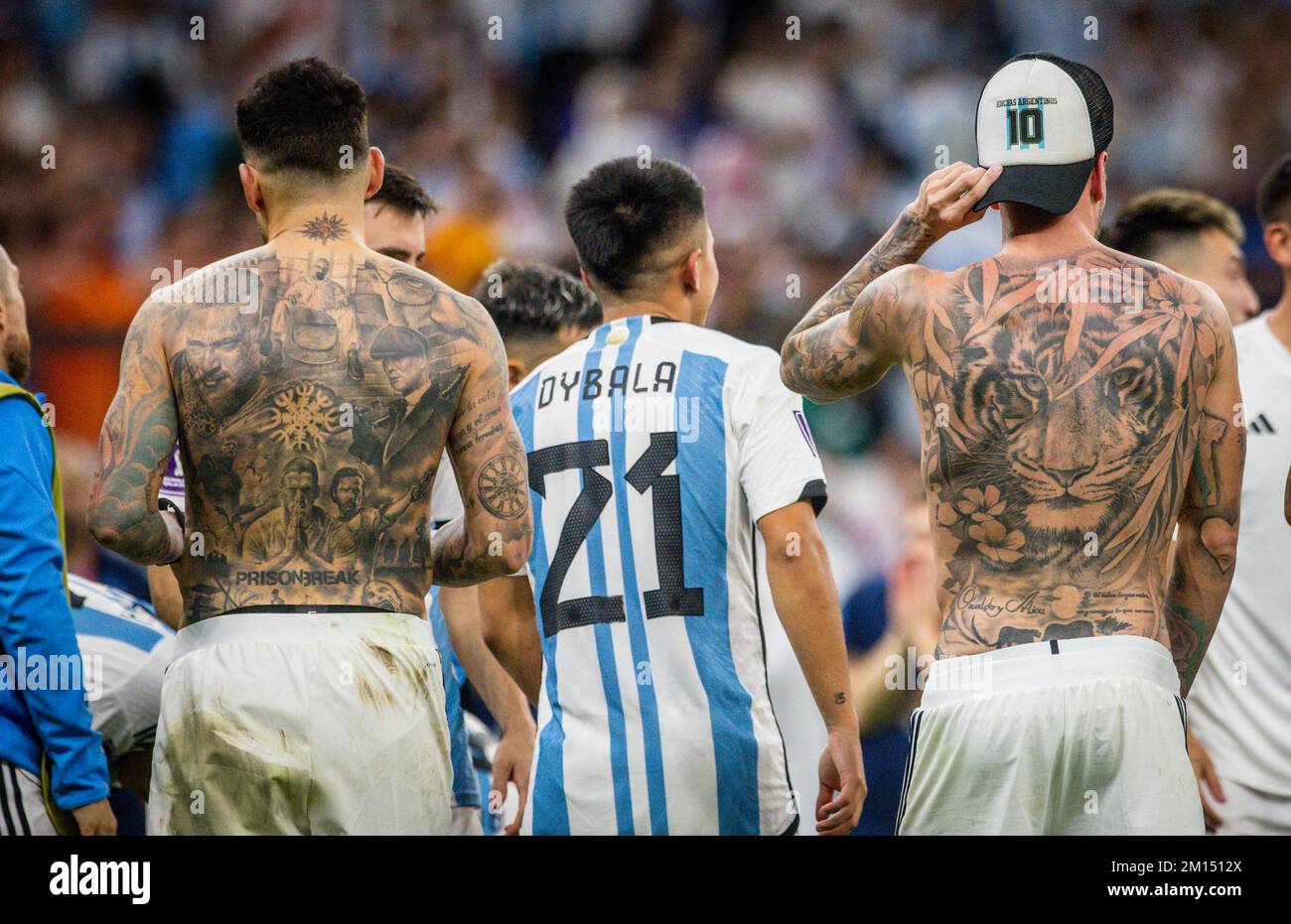 Doha, Qatar. 9th Dec, 2022.  Nicolas Otamendi (Arg) and Rodrigo de Paul (Arg) show their tattoos  Netherlands - Argentina Niederlande - Argentinien  W Stock Photo