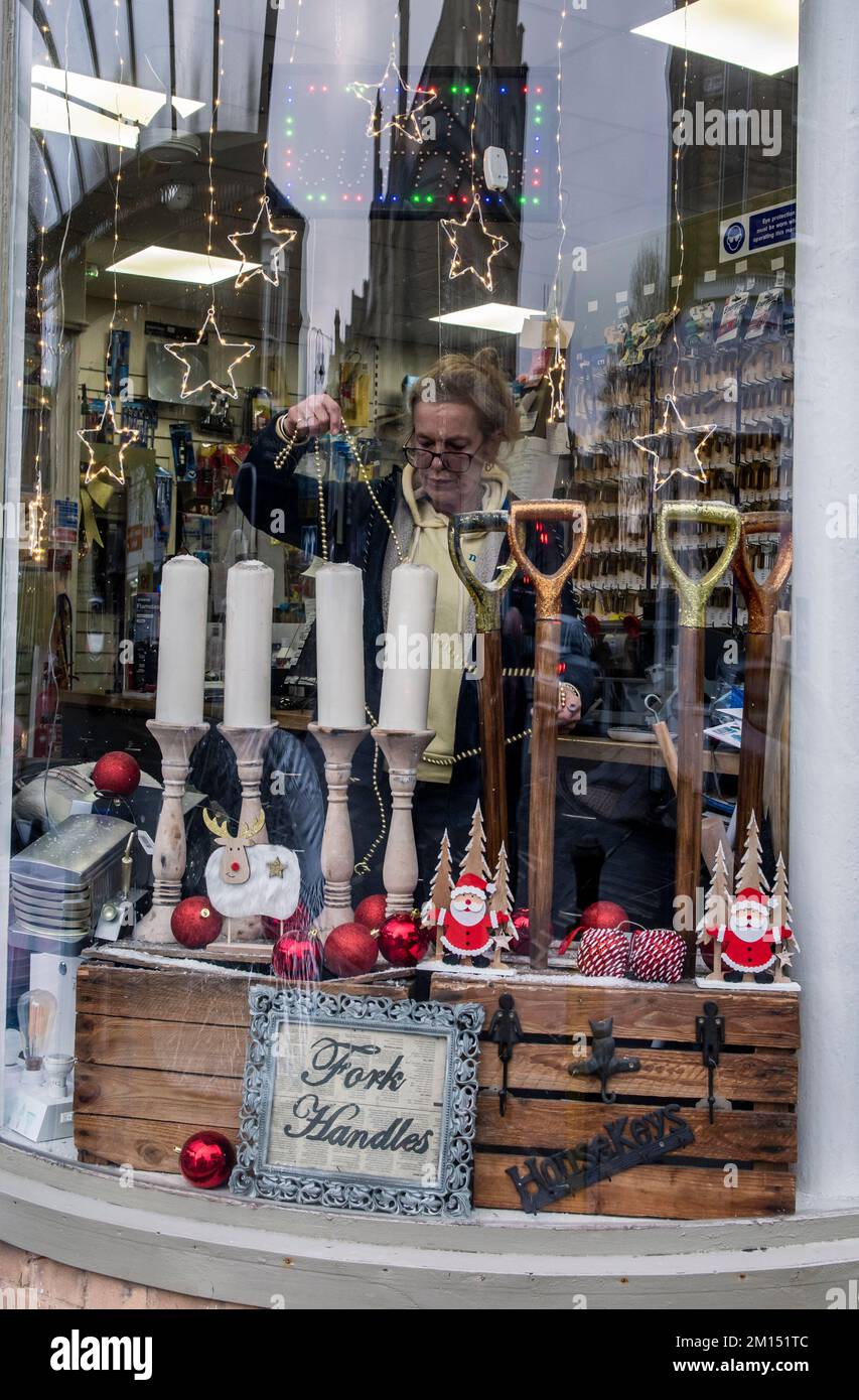 Harrogate, UK. 10th Dec, 2022. Jennie Lyons of Arkwright's Tool Emporium puts the final Christmas touches to the shop's window inspired by The Two Ronnies' famous sketch. Picture Credit: ernesto rogata/Alamy Live News Stock Photo