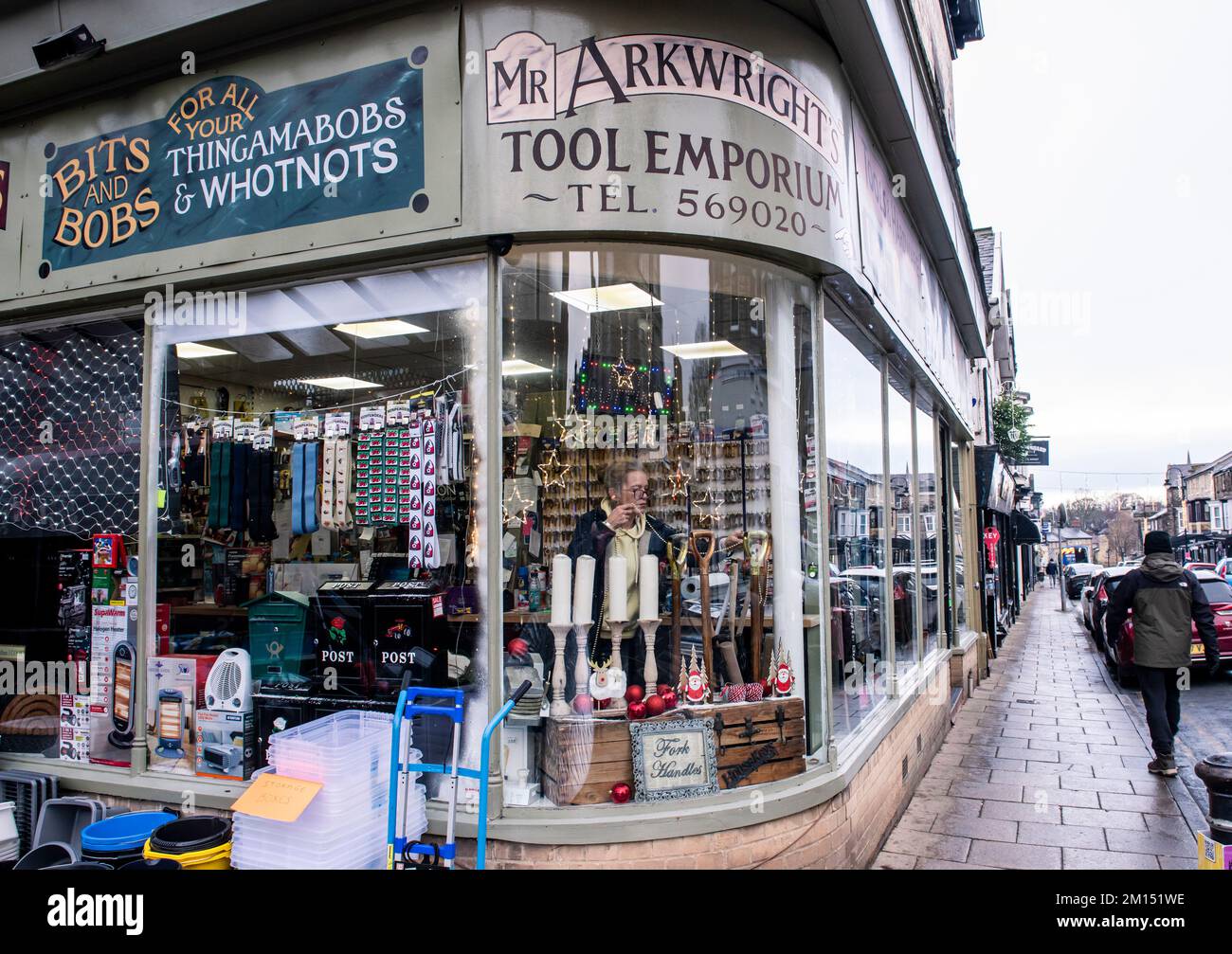 Harrogate, UK. 10th Dec, 2022. Jennie Lyons of Arkwright's Tool Emporium puts the final Christmas touches to the shop's window inspired by The Two Ronnies' famous sketch. Picture Credit: ernesto rogata/Alamy Live News Stock Photo