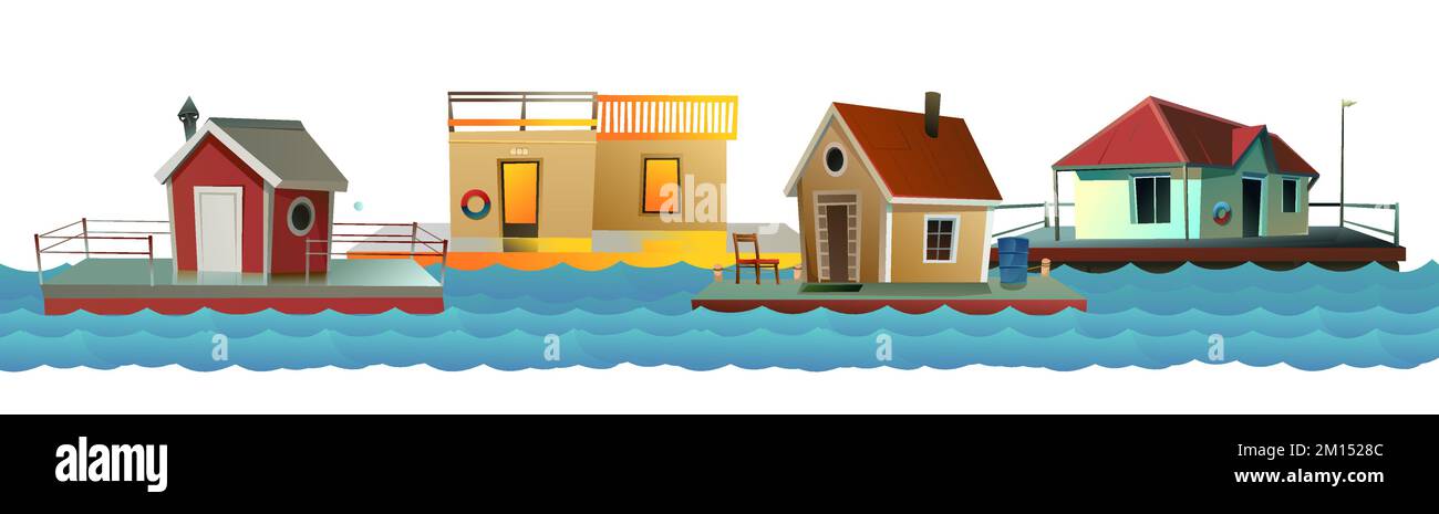 Floating houses on waves. Dwelling with small courtyard on water. Isolated on white background. illustration vector Stock Vector
