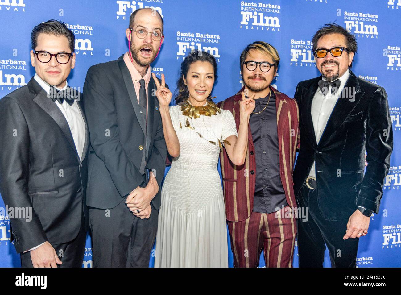 L-R) AMERICAN BORN CHINESE Executive Producer Melvin Mar and Michelle Yeoh  at the East West Players 56th Anniversary Visionary Awards held at the City  Market Social House in Los Angeles, CA on