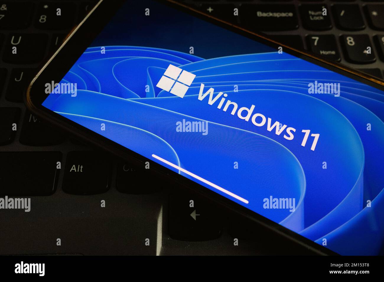 KONSKIE, POLAND - September 17, 2022: Windows 11 logo displayed on smartphone screen in the office. Windows 11 is the latest major release of Microsof Stock Photo