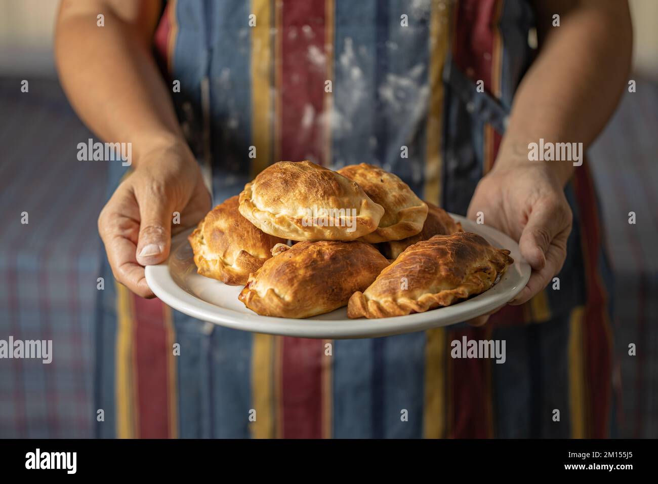 Woman in an apron stained with flour holding a tray with Argentine empanadas. Stock Photo