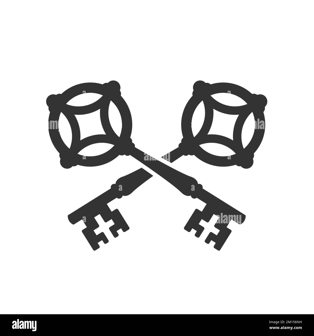 Old ornate crossed keys silhouette vector icon isolated on white