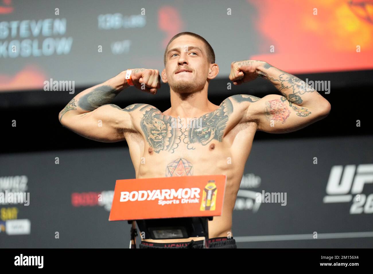 Las Vegas, USA. 09th Dec, 2022. December 9, 2022, Las Vegas, NV, LAS VEGAS, NEVADA, United States: LAS VEGAS, NV - December 9: Steven Koslow steps on the scale for the ceremonial weigh-in at MGM Grand Garden Arena for UFC 282 -Blachowicz vs Ankalaev : Ceremonial Weigh-ins on December 9, 2022 in Las Vegas, NV, United States. (Credit Image: © Louis Grasse/PX Imagens via ZUMA Press Wire) Credit: ZUMA Press, Inc./Alamy Live News Stock Photo