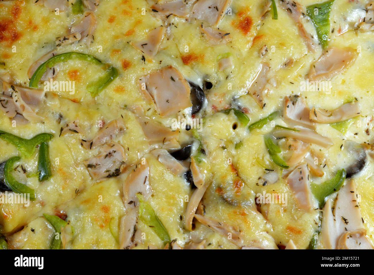 Chicken barbecue pizza with toppings of pieces of chicken, salami