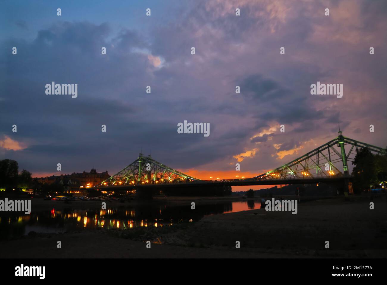 Sunset over the Loschwitz Elbe Bridge in Dresden, Blaues Wunder Stock Photo