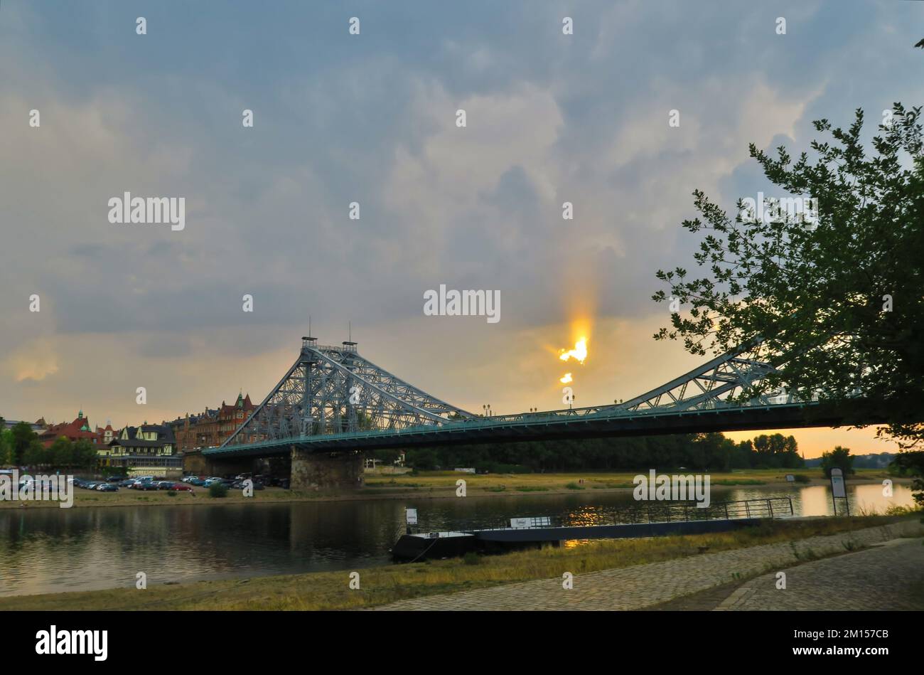 Sunset over the Loschwitz Elbe Bridge in Dresden, Blaues Wunder Stock Photo