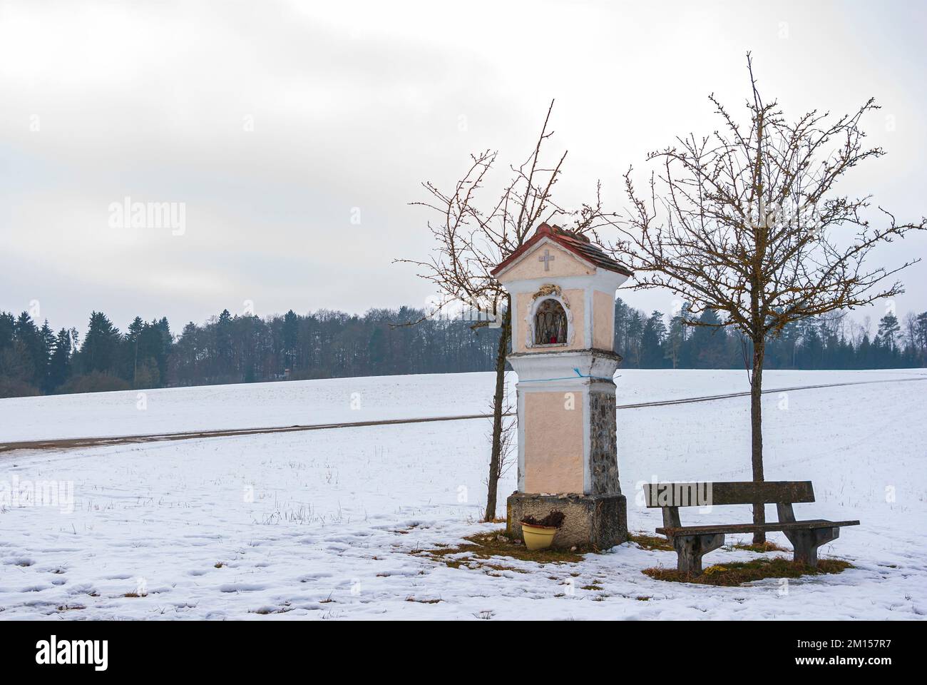 Catholic wayside shrine on the Swabian Alb in winter, near Hayingen, Baden-Wurttemberg, Germany. Stock Photo