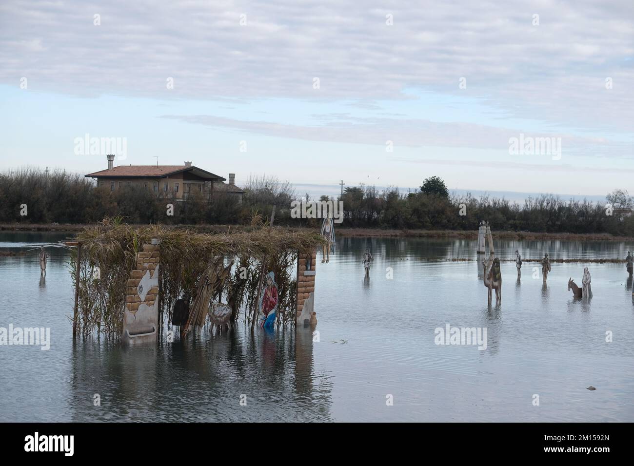 A floating nativity scene stands in the waters around Treporti on December 08, 2022 in Venice, Italy. Stock Photo