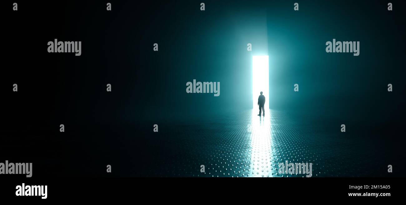 Dark abstract scene. Metal reflective floor and Man Standing with Glowing Light Rays from door. Stock Photo