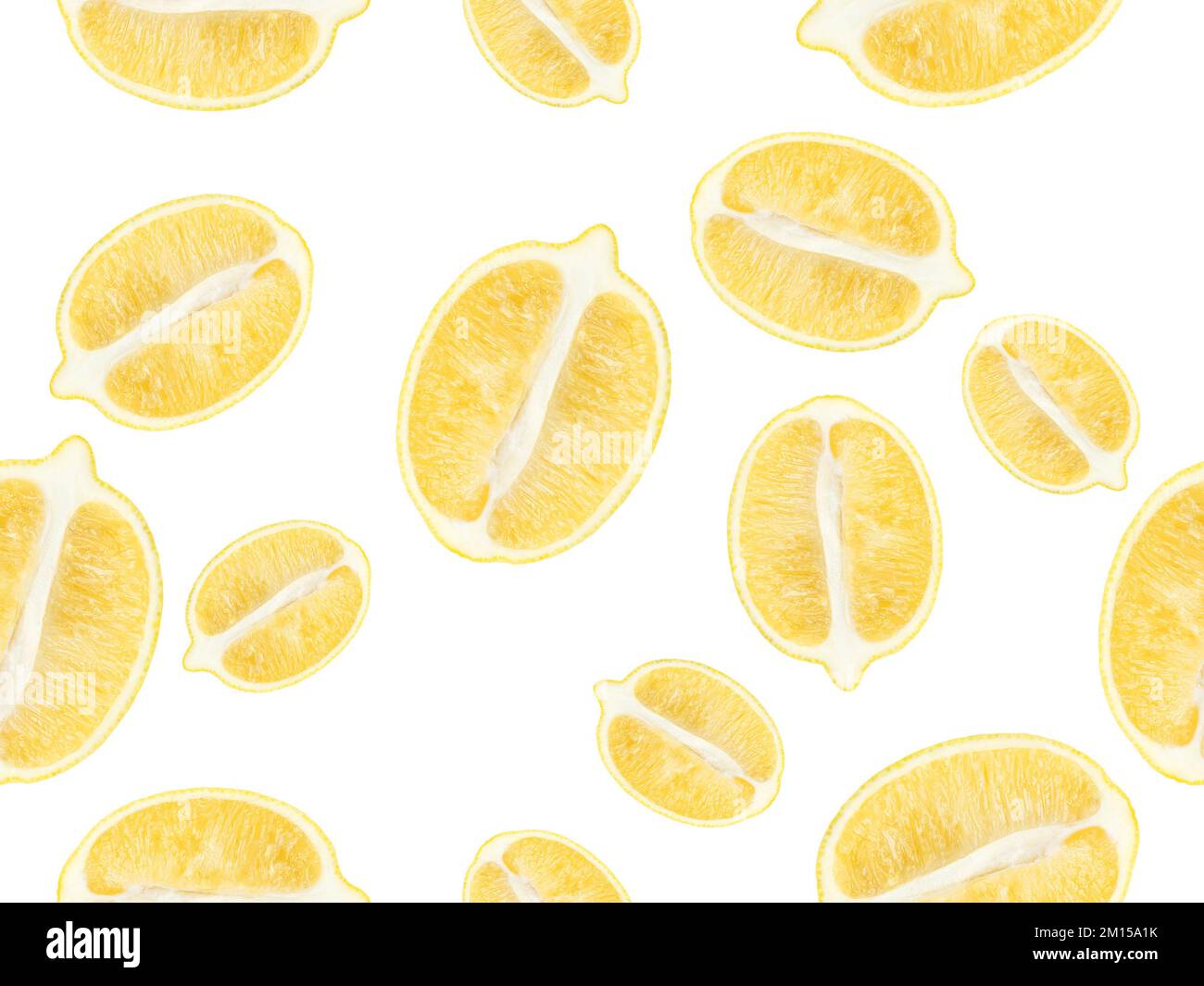 Lemons in a cut, slices. Citrus seamless pattern. Lemon slices isolated on white background. Top view, flat layout. Food texture Stock Photo