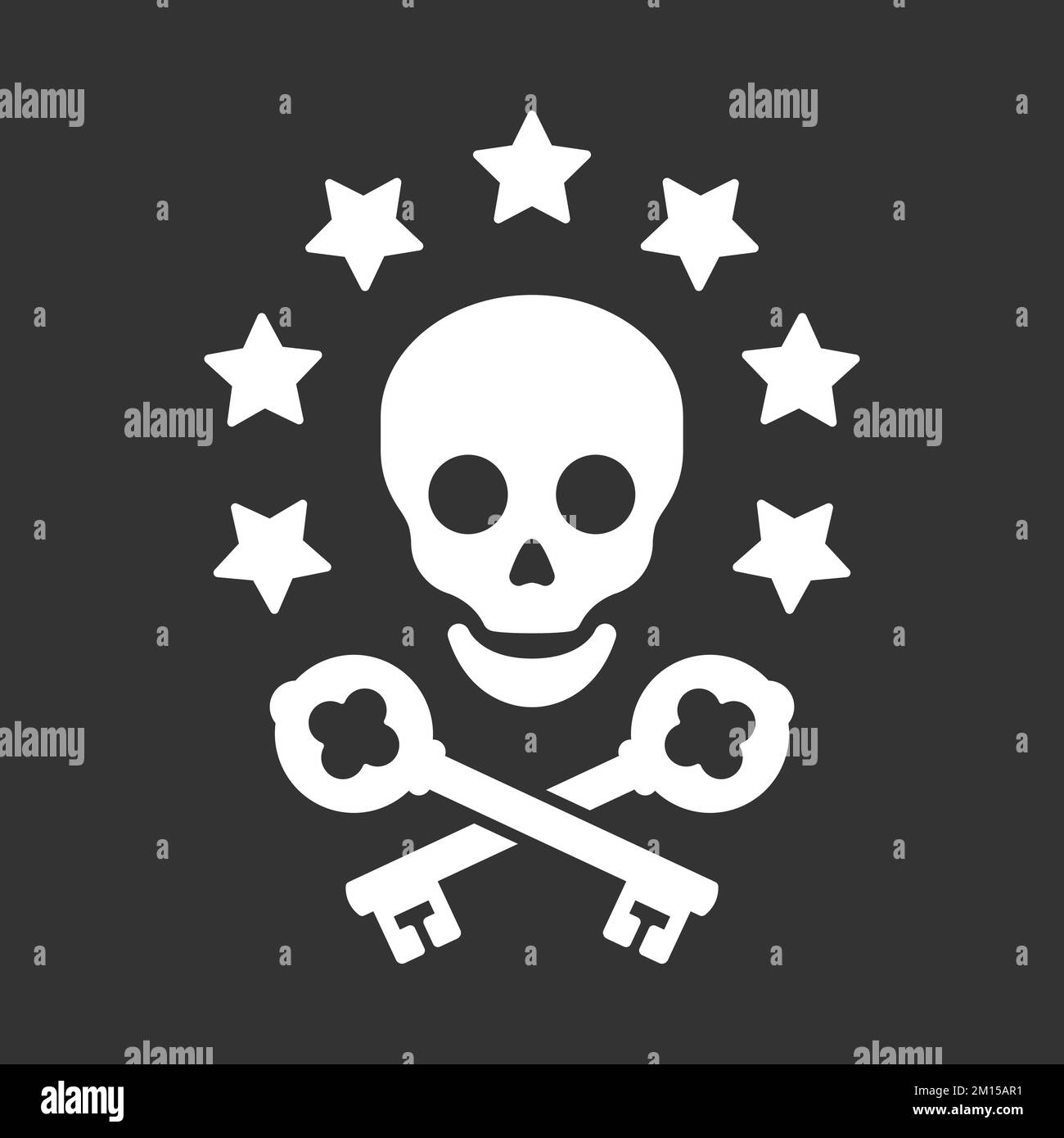 Black silhouette on white of a skull with old antique key and stars conceptual of unlocking a pirate treasure, or a horror design element for hallowee Stock Vector