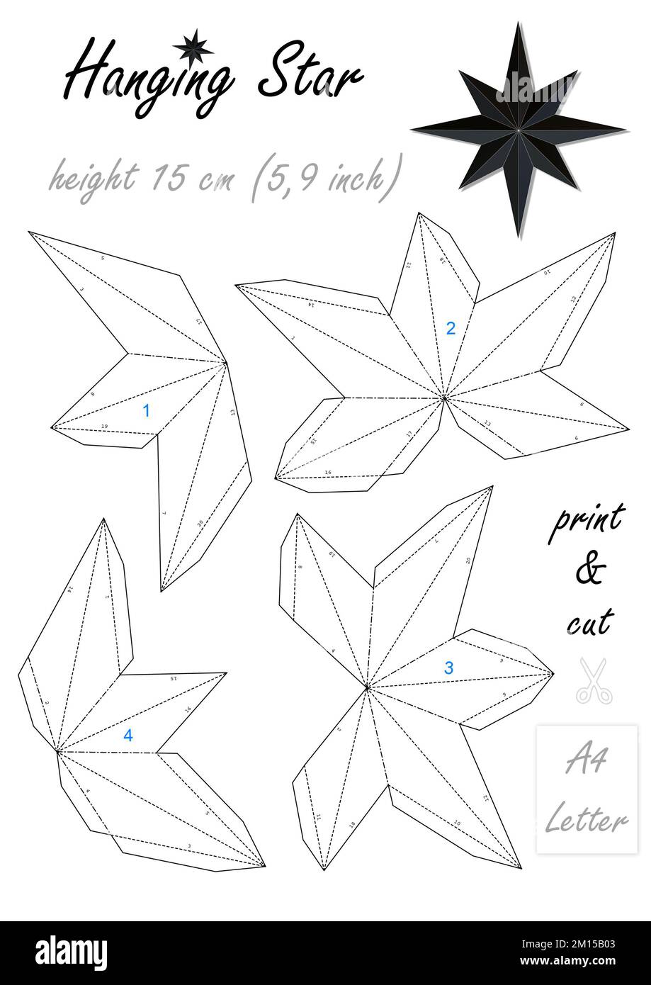 DIY 3D Paper Eight-pointed Hanging Star. Print Cut and Glue. Christmas toy. Print the template on A4 or Letter sheet and get the figure size height 15 Stock Photo