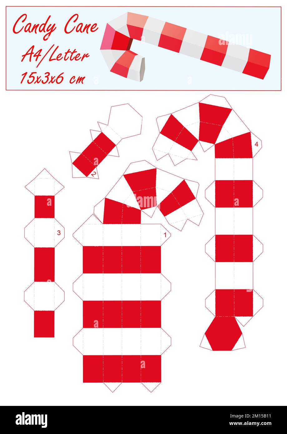 DIY 3D Paper Candy Cane. Print Cut and Glue. Christmas toy. Print the template on A4 or Letter sheet and get the figure size height 15 cm Stock Photo