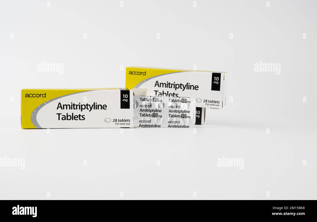 Cardiff Mid Glamorgan Wales UK December 10 2022  Amitriptyline Tablets for oral use isolated against a white background Stock Photo