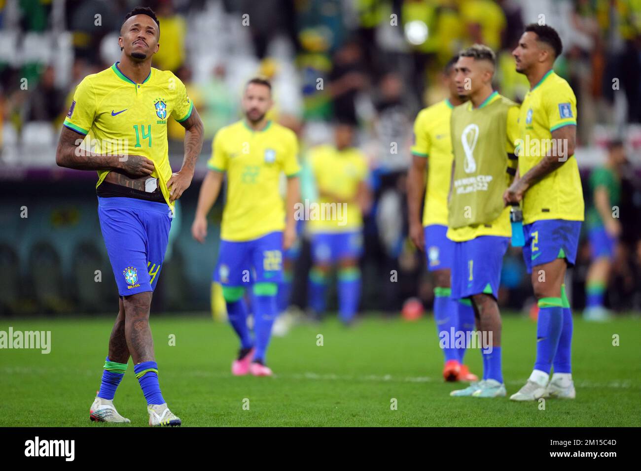 Brazil's Eder Militao stands dejected following the FIFA World Cup Quarter-Final match at the Education City Stadium in Al Rayyan, Qatar. Picture date: Friday December 9, 2022. Stock Photo