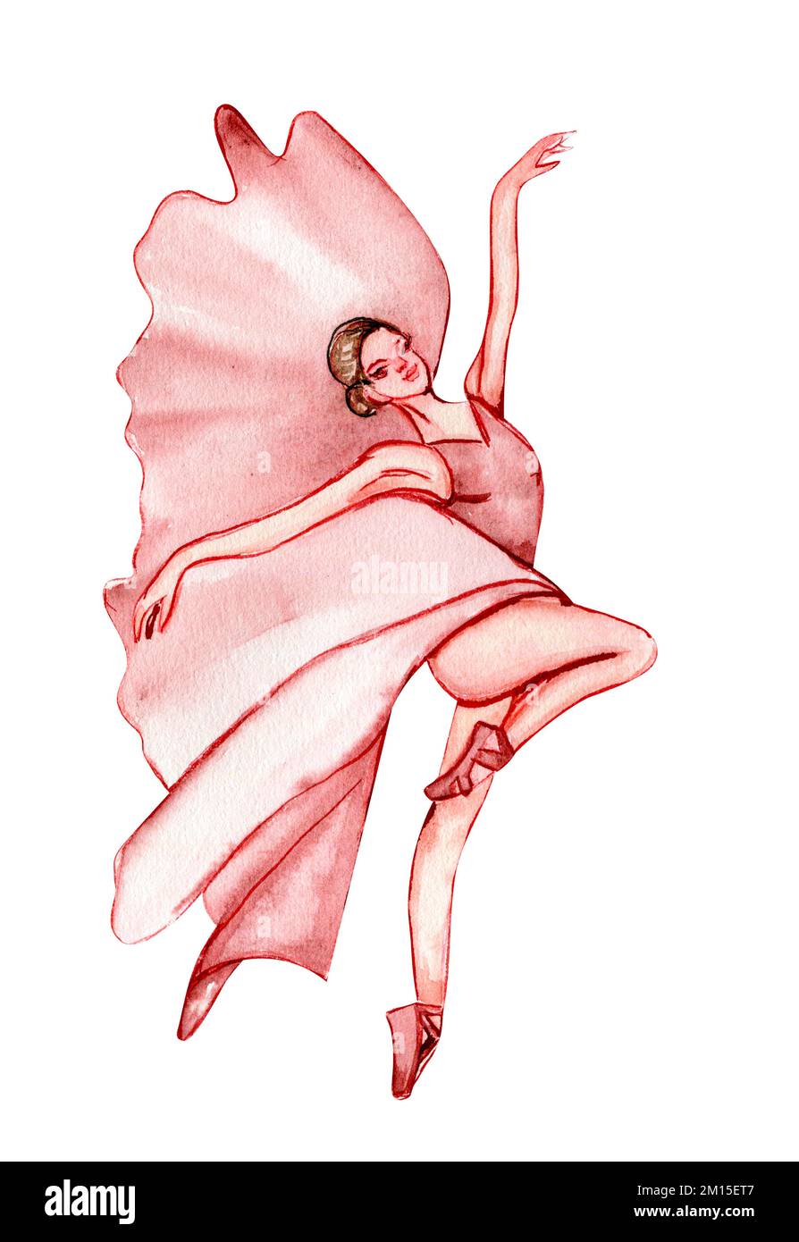 Watercolor dancing ballerina in pink dress. Isolated dancing ballerina
