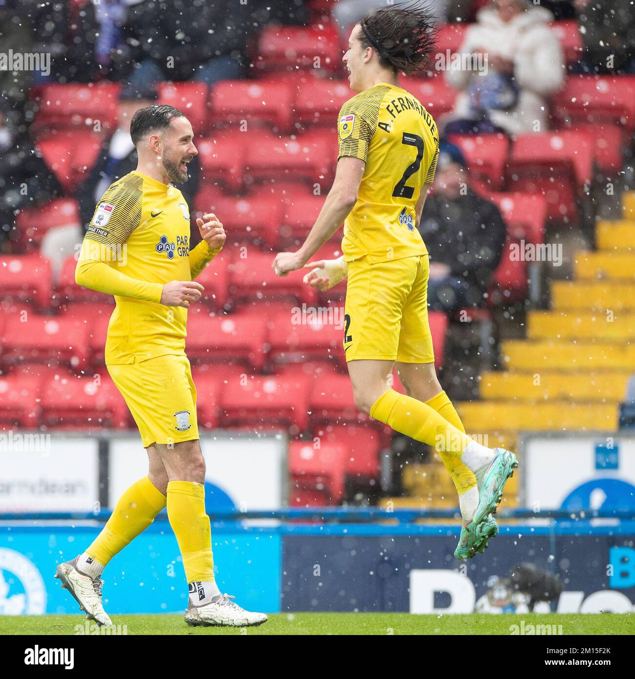 Álvaro Fernández #2 of Preston North End celebrate Ched Evans #9 of Preston North End making it 0-2 during the Sky Bet Championship match between Blackburn Rovers and Preston North End at Ewood Park, Blackburn on Saturday 10th December 2022. (Credit: Mike Morese | MI News) Credit: MI News & Sport /Alamy Live News Stock Photo