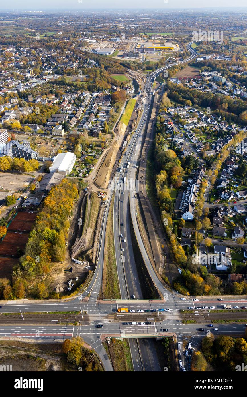 Aerial view, freeway A448 extension and new noise barrier in Wiemelhausen district in Bochum, Ruhr area, North Rhine-Westphalia, Germany, Construction Stock Photo