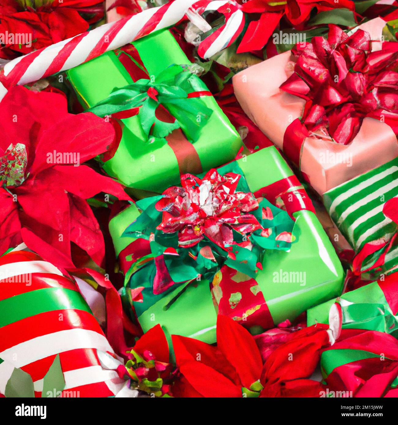 Holiday gift packages, wrapped with ribbons and bows. poinsettia, candy cane, green and red overhead group. Stock Photo