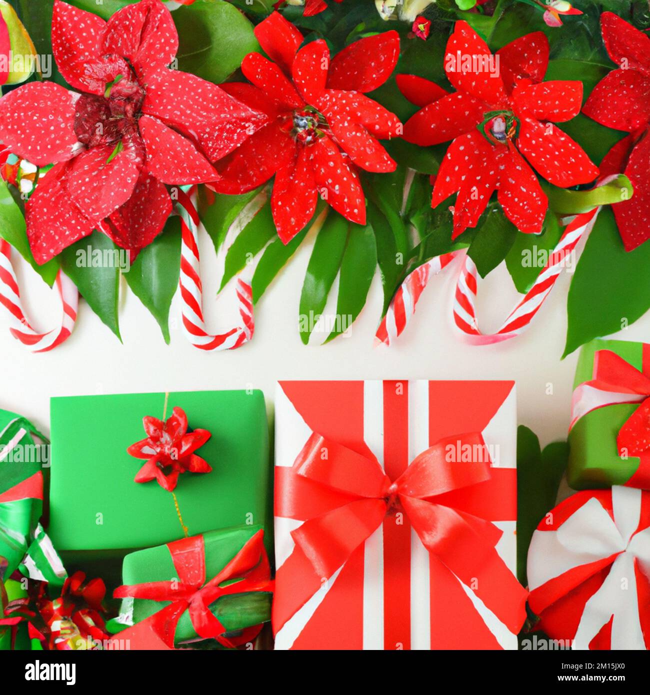 Holiday gift packages, wrapped with ribbons and bows. poinsettia, candy cane, green and red overhead group. Stock Photo