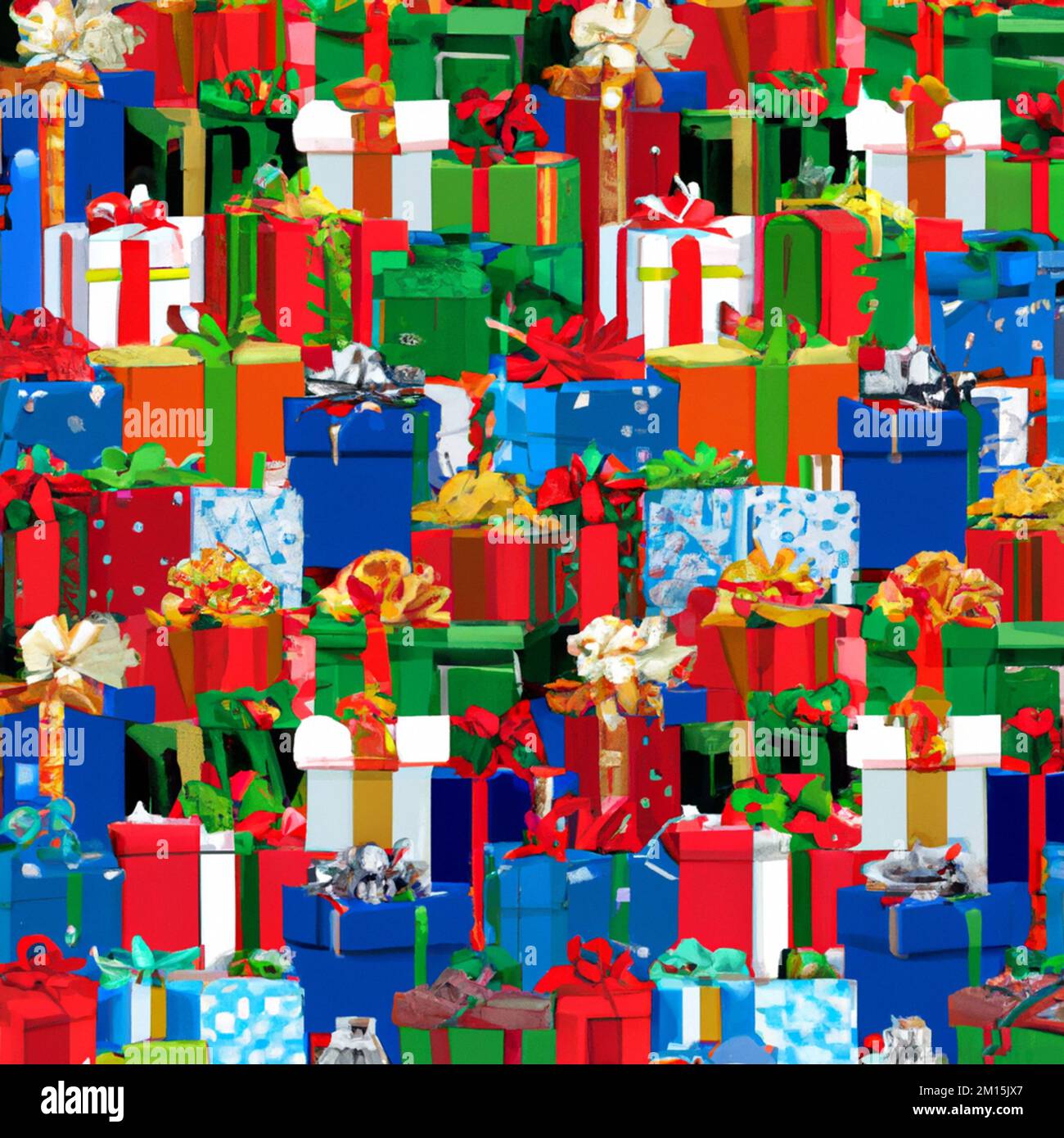 Holiday gift packages, wrapped with ribbons and bows. Background with colorful decorated gift boxes. Stock Photo